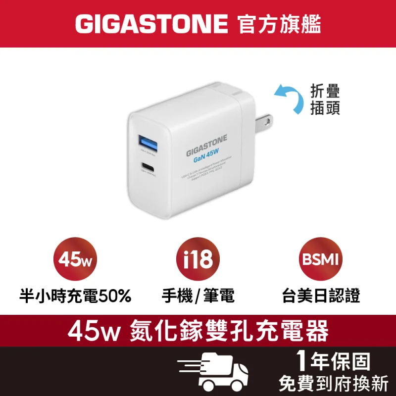 Gigastone PD-6450W 45W GaN 氮化鎵雙孔充電器