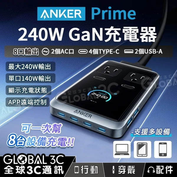 Anker Prime 240W GaN 超薄充電器 八口