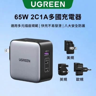 UGREEN 65W 三口氮化鎵快充充電器 2C1A 多國轉接版